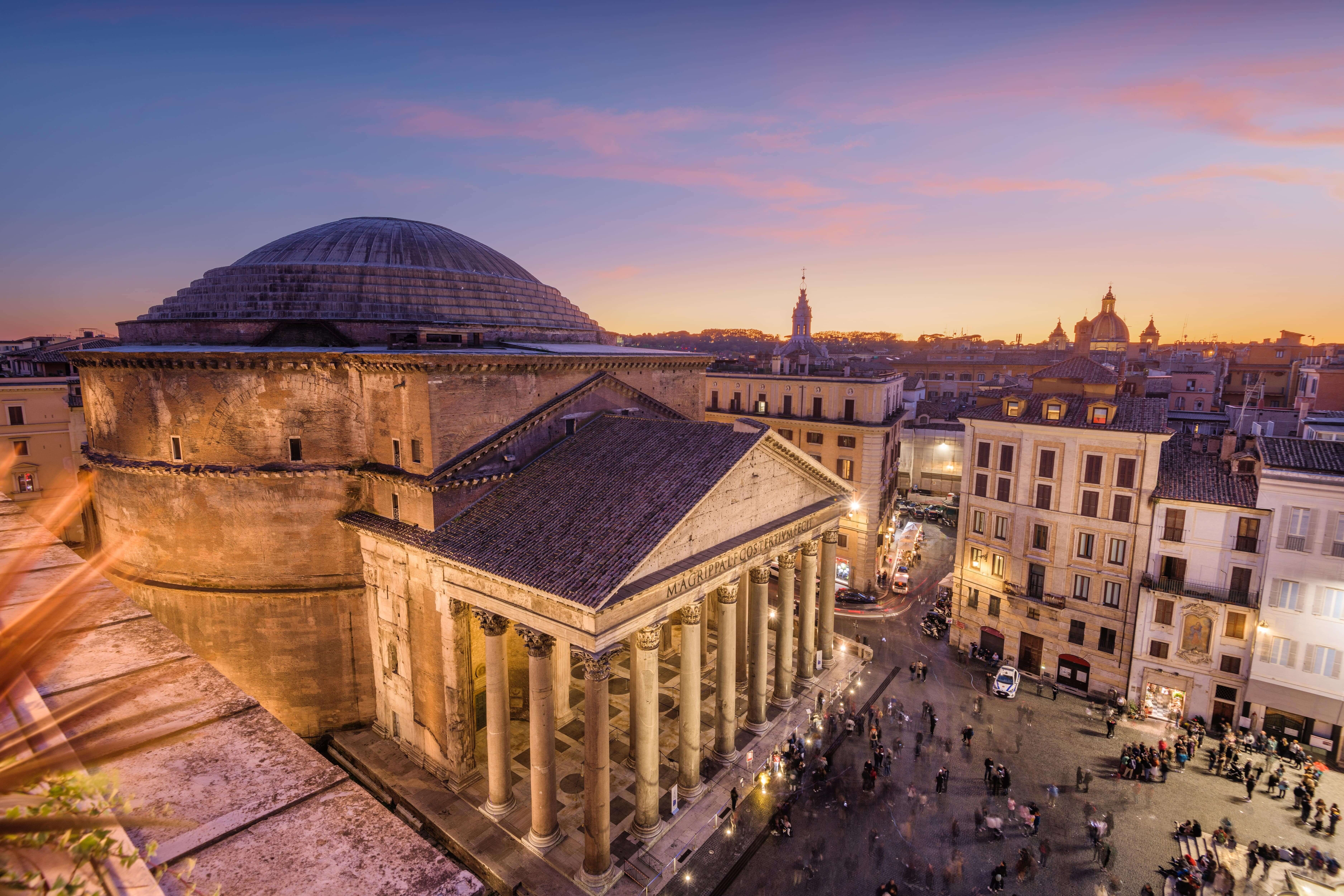 Rome, Italy above the ancient Pantheon at dusk.